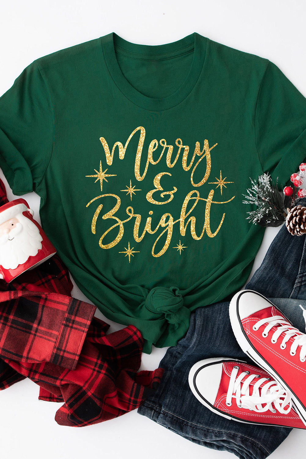 Green Merry & Bright Starry Round Neck Graphic Tee