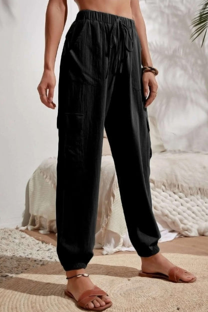 Black Solid Color Drawstring Loose Pocketed Cuffed Pants