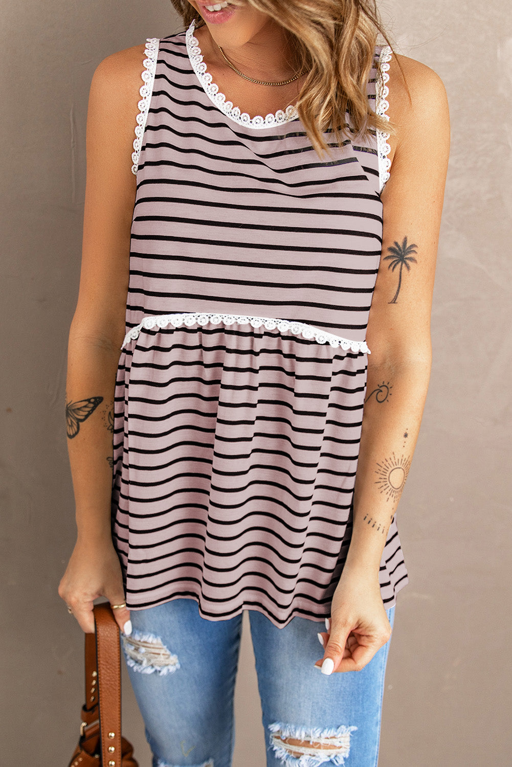 Striped Ruffle Neck Babydoll Tank Top