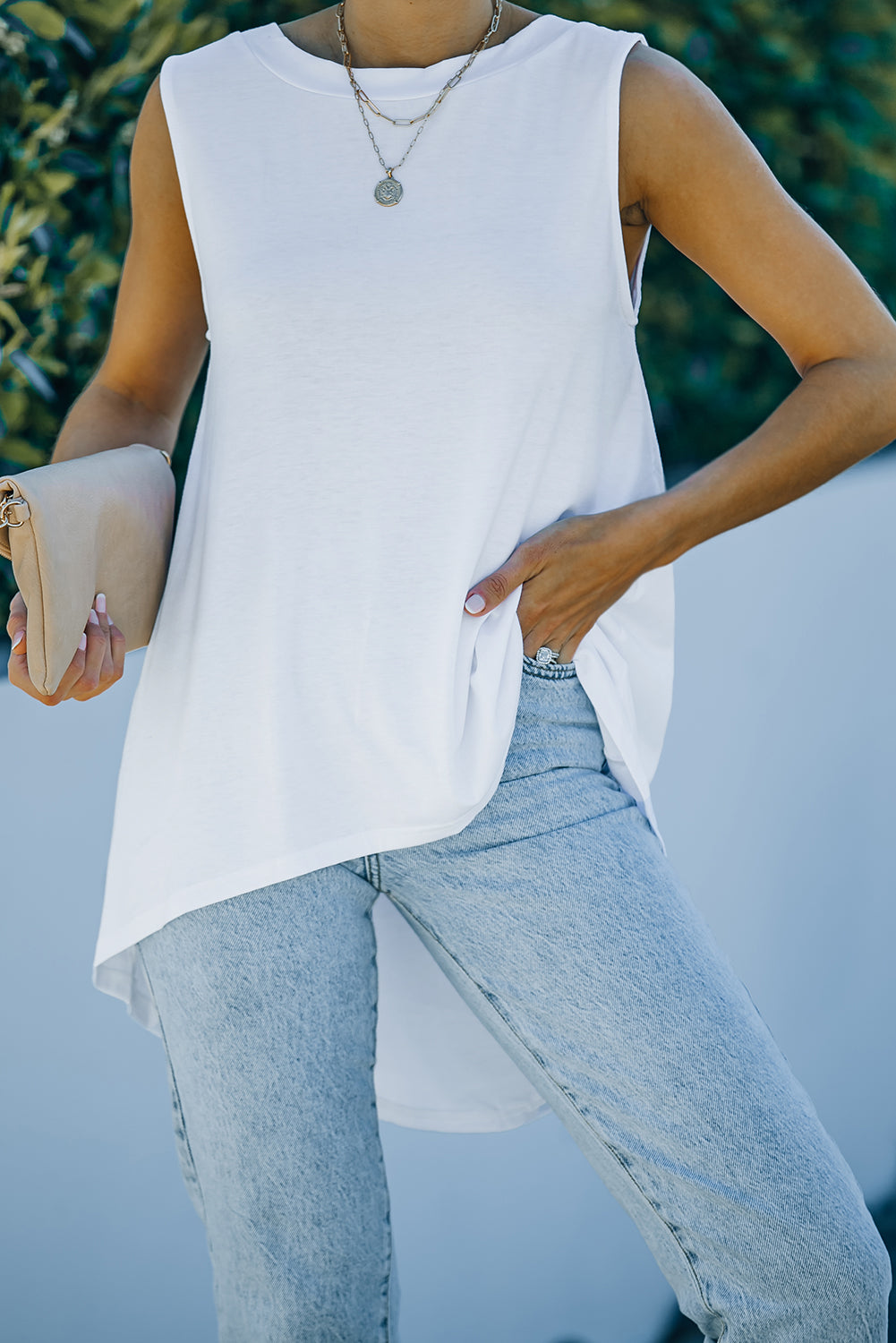 White Casual Solid Color High Low Tank Top