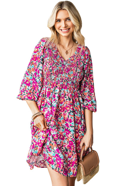 Floral Print Long Sleeve Flounce Hem V Neck Smocked Dress