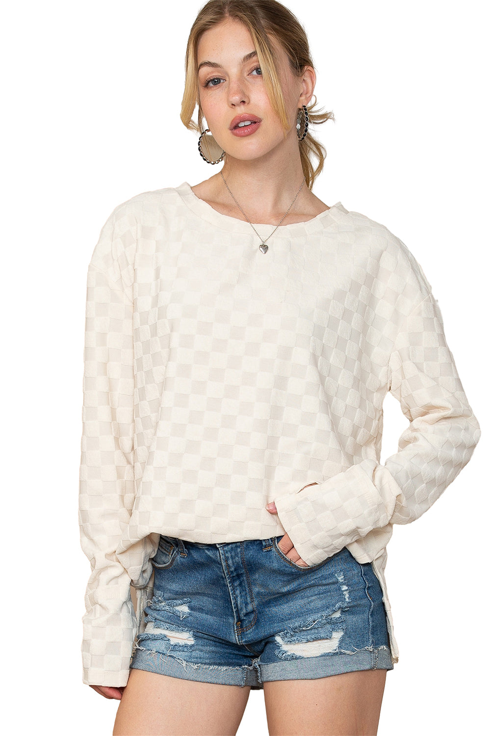 Checkered Furry Thumbhole Long Sleeve Top