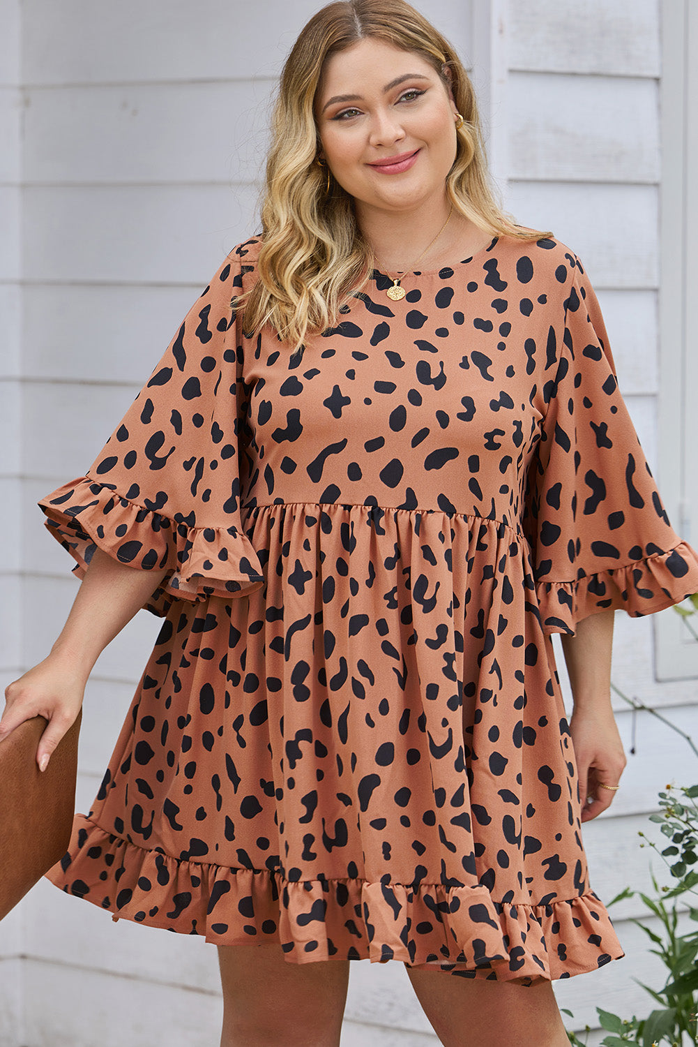 Leopard Print Plus Size Shift Ruffle Dress