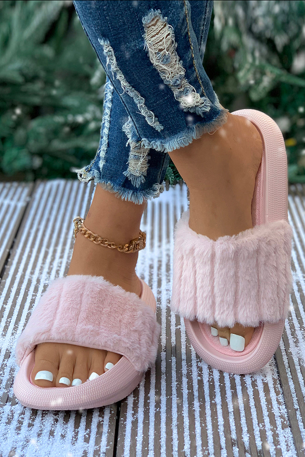 Comfy Plush Band Open Toe Flat Slippers