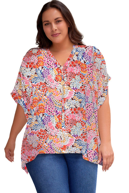 Multicolor Floral Print V Neck Half Sleeve Plus Size Blouse