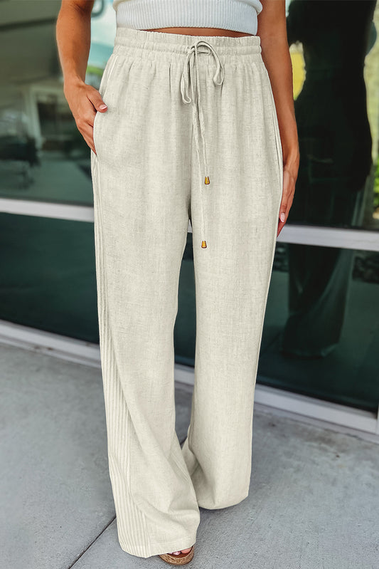 Gray Striped Patchwork Drawstring Linen Pants