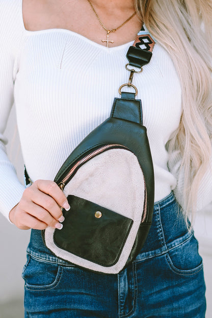 Black Colorblock Leatherette Zipper Chest Bag