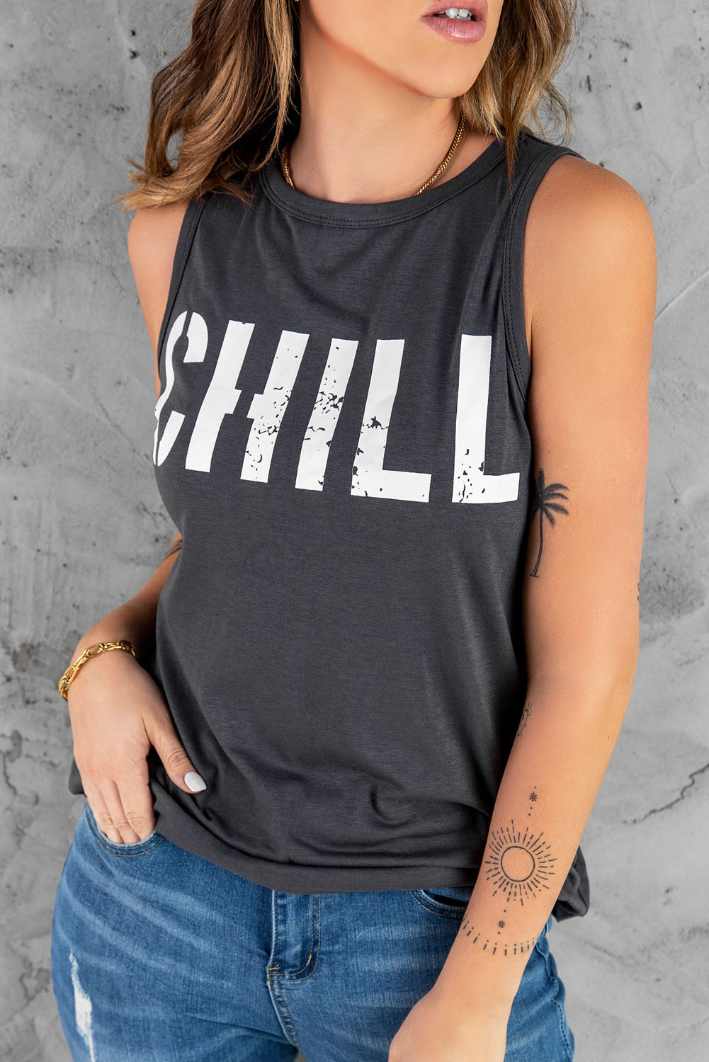 Dark Gray Letter Print Sleeveless Crew Neck Tank Top