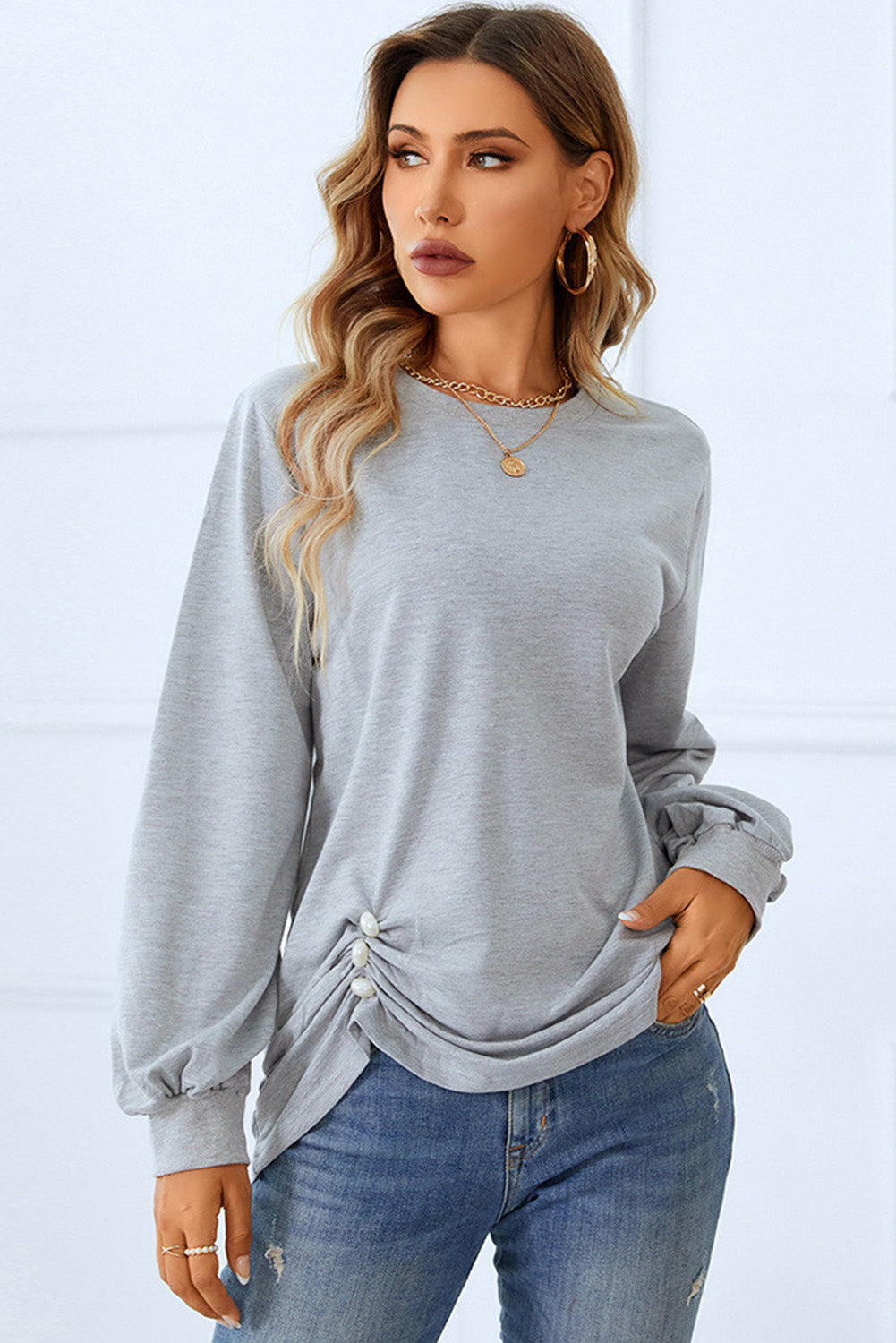 Light Grey Solid Color Ruched Decor Long Sleeve Top