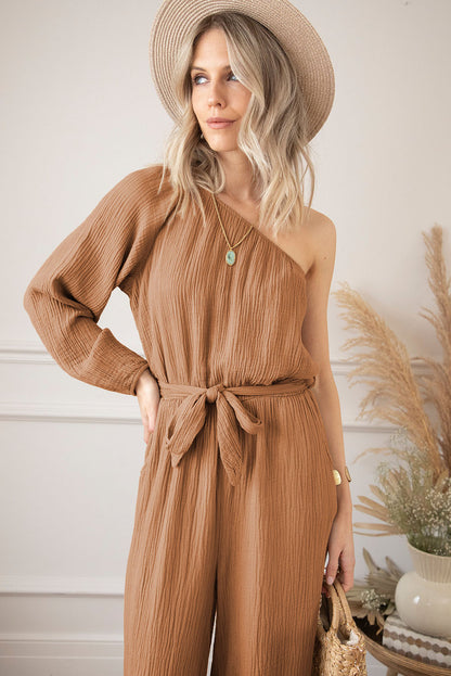 Khaki Crinkled Texture One Shoulder Loose Jumpsuit