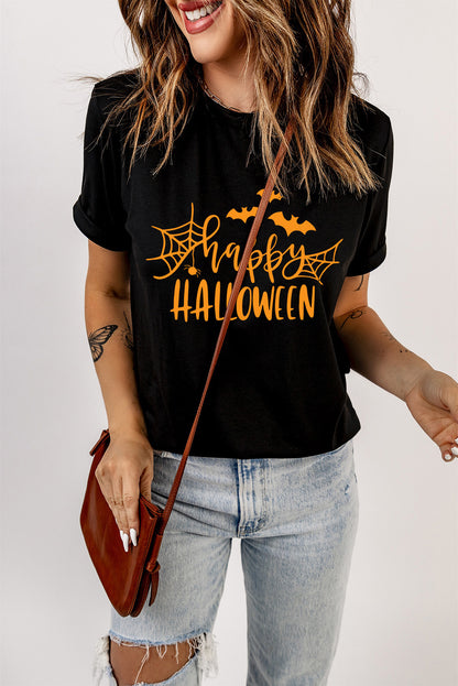 Black Happy Halloween Letter Print Graphic T-shirt