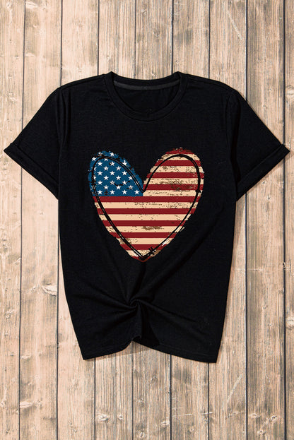 Black American Flag Heart Shape Graphic Round Neck Tee