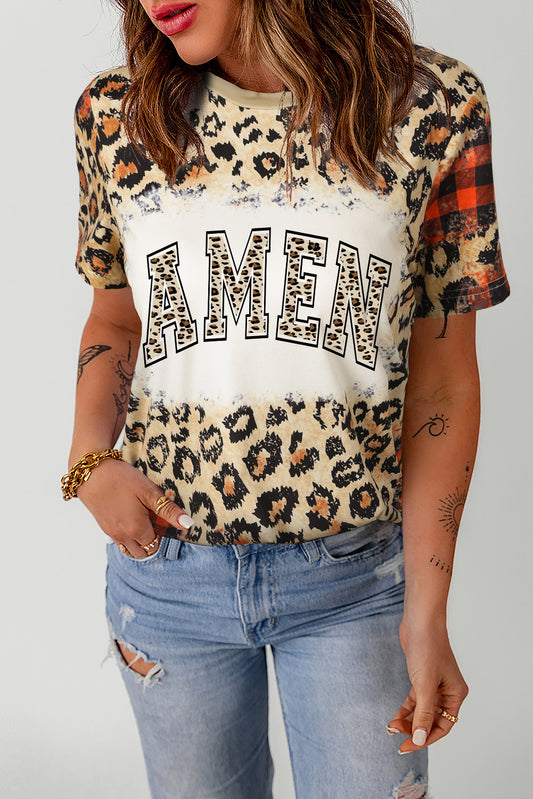 Leopard Plaid Blended AMEN Letter Graphic T Shirt