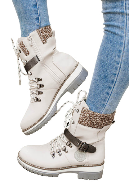 Buckle Lace-up Zipped PU Leather Heeled Boots