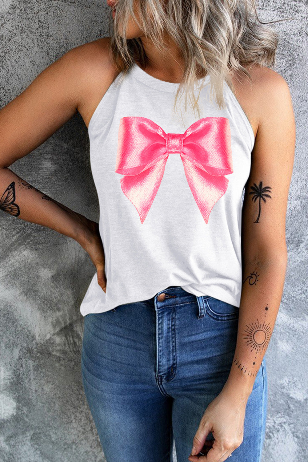 White Bow Tie Graphic Halter Tank Top