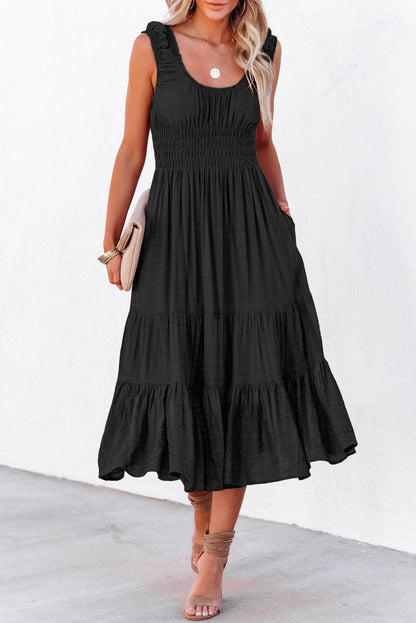 U-Neck Sleeveless Ruched Tiered Ruffled Midi Dress