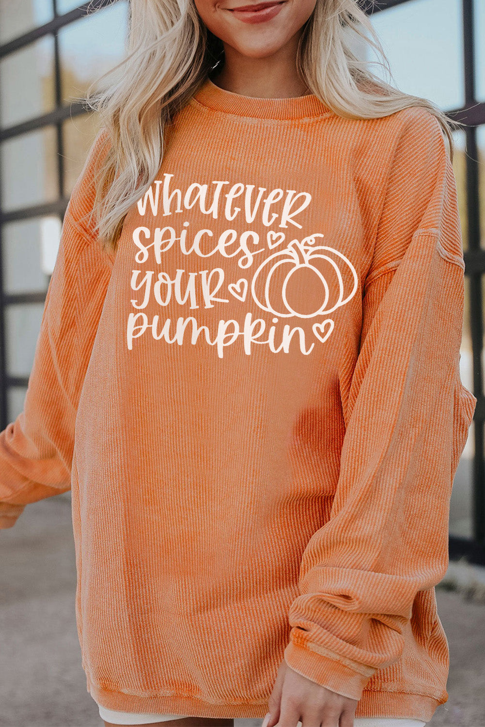 Pumpkin Letter Print Oversized Corduroy Sweatshirt
