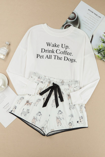 White Letter Print Top & Drawstring Dog Print Shorts Loungewear Set