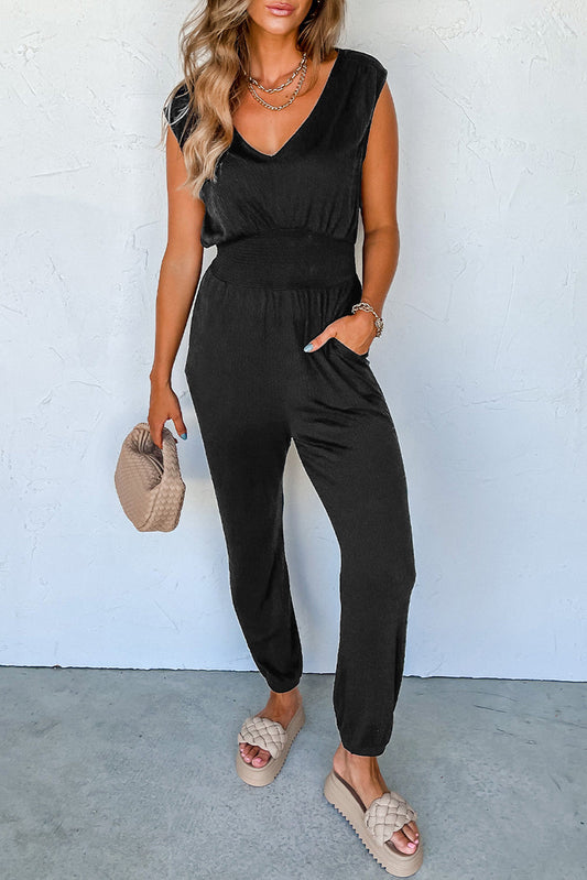 Black Shirred High Waist V Neck Sleeveless Jumpsuit