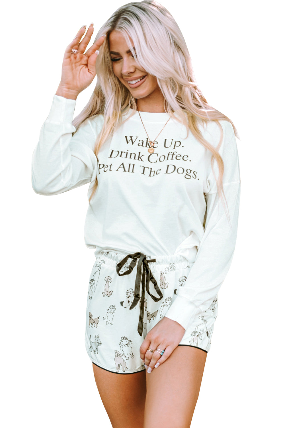 White Letter Print Top & Drawstring Dog Print Shorts Loungewear Set