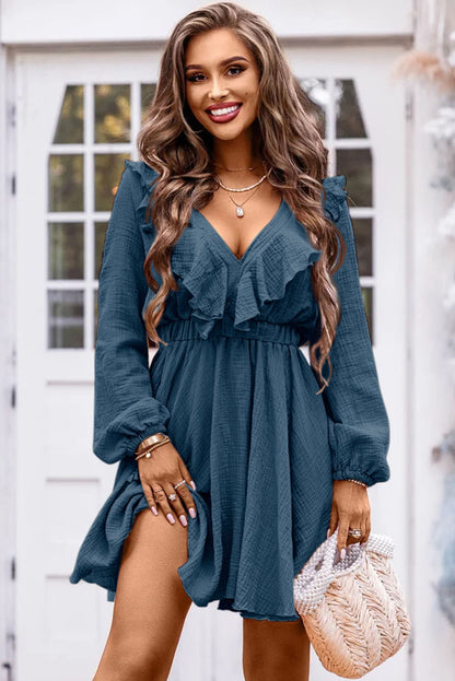 Khaki Textured Ruffled V Neck High Waist Mini Dress