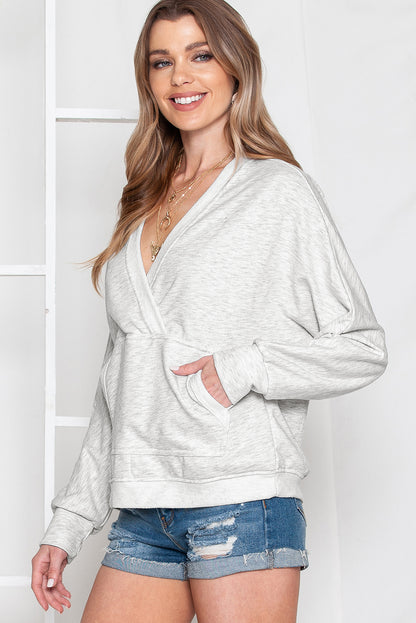 Gray Contrast Trim V Neck Wrap Sweatshirt with Pocket