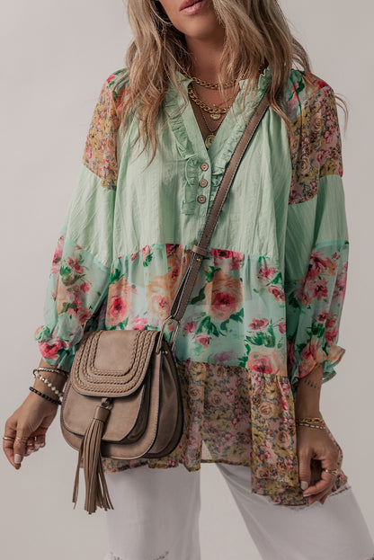 Green Floral Patchwork Frilled Split Neck Blouse