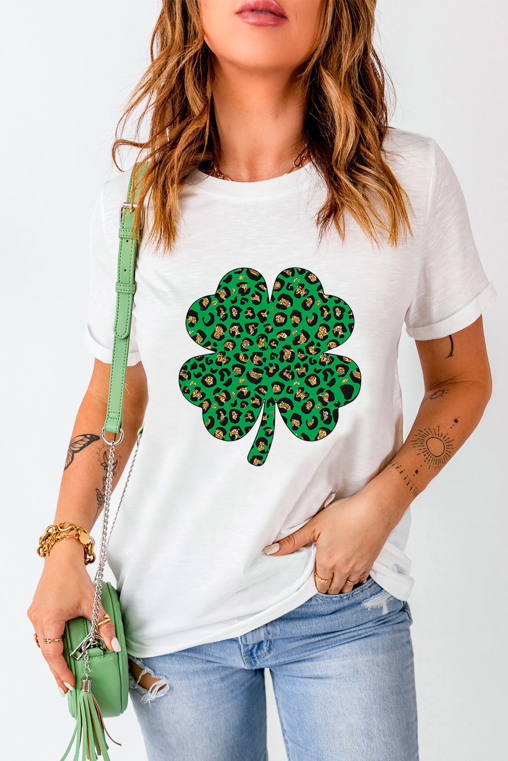 White Leopard Four Leaf Clover Graphic Round Neck Tee