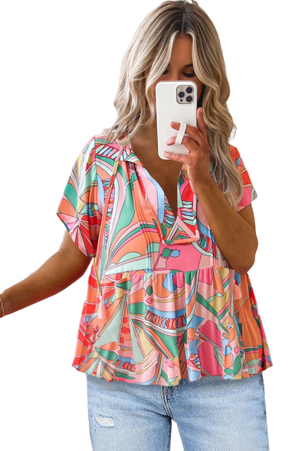 Multicolor Abstract Print Split V Neck Short Sleeve Tiered Dress