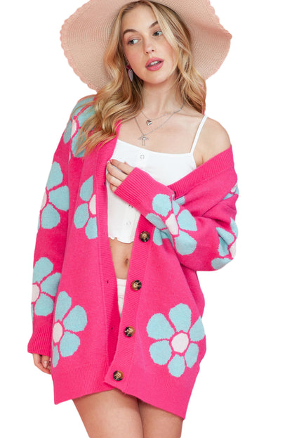 Pink Floral Pattern Drop Shoulder Button Up Cardigan