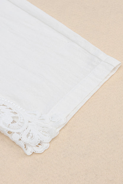 White Lace Splicing Drawstring Linen Pants