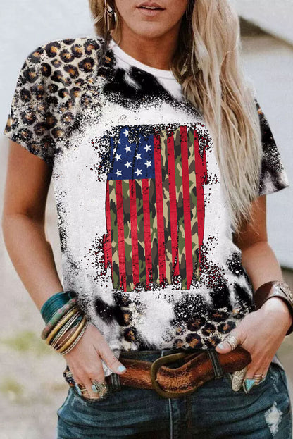 Leopard Vintage American Flag Graphic Tie Dye T Shirt