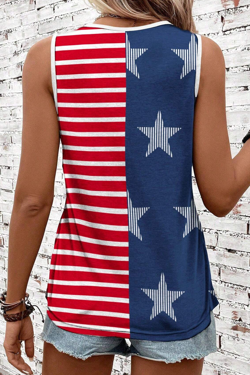 USA Flag Print Colorblock Round Neck Tank Top