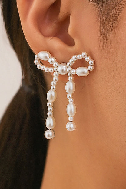 White Pearl Beaded Bowknot Shaped Drop Earrings