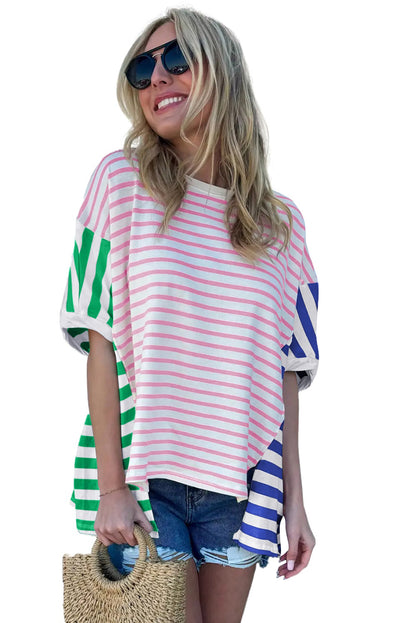 Striped Patchwork Slits Baggy T Shirt