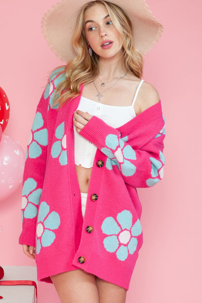 Pink Floral Pattern Drop Shoulder Button Up Cardigan