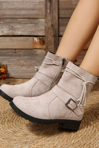 Brown Faux Suede Zip Up Buckle Straps Ankle Boots