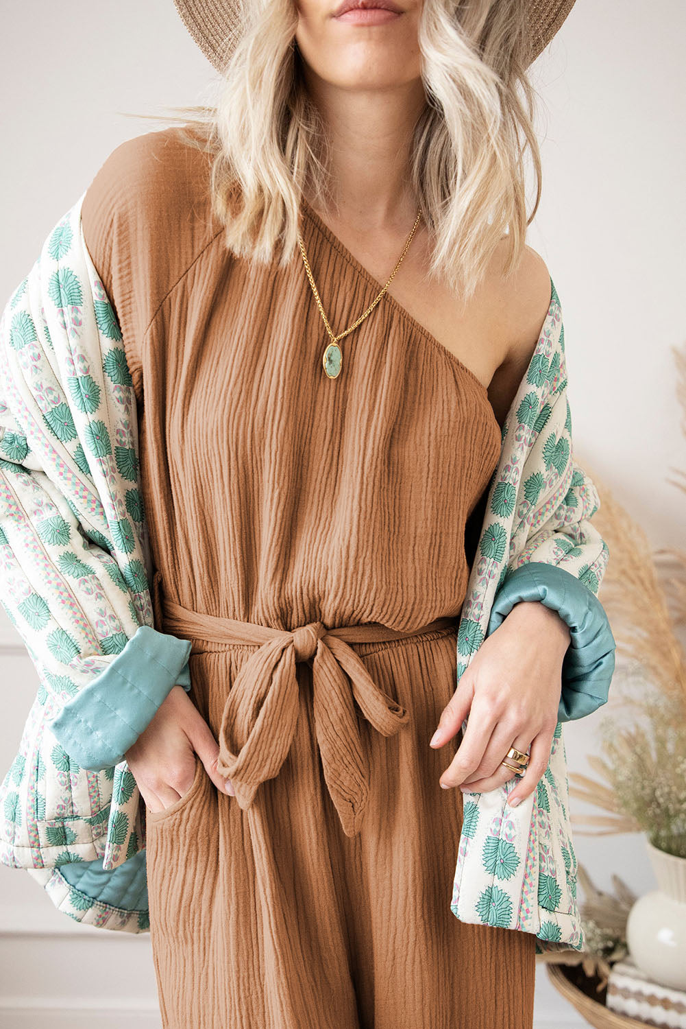 Khaki Crinkled Texture One Shoulder Loose Jumpsuit