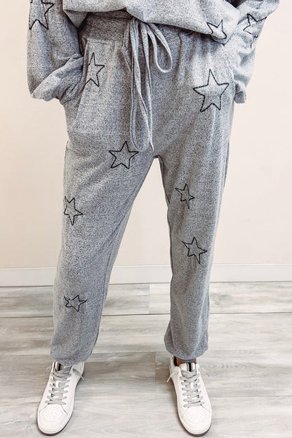 Gray Stars Print Long Sleeve Top and Drawstring Pants Set