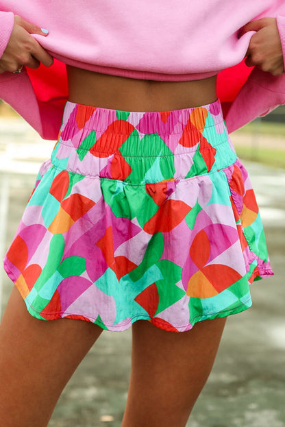 Abstract Print Smocked Waist Flared Shorts