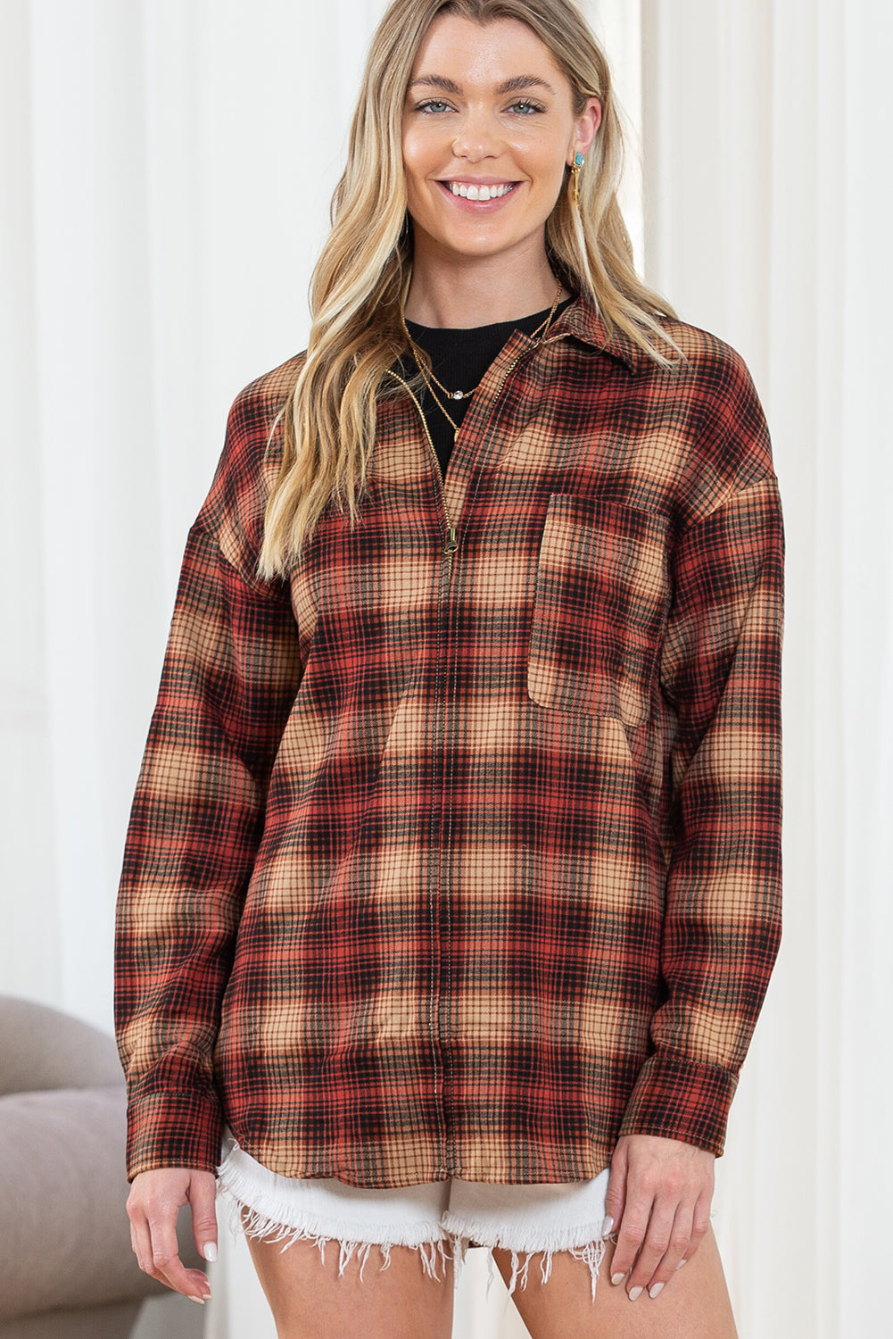 Fiery Red Plaid Print Chest Pocket Zip Up Shirt