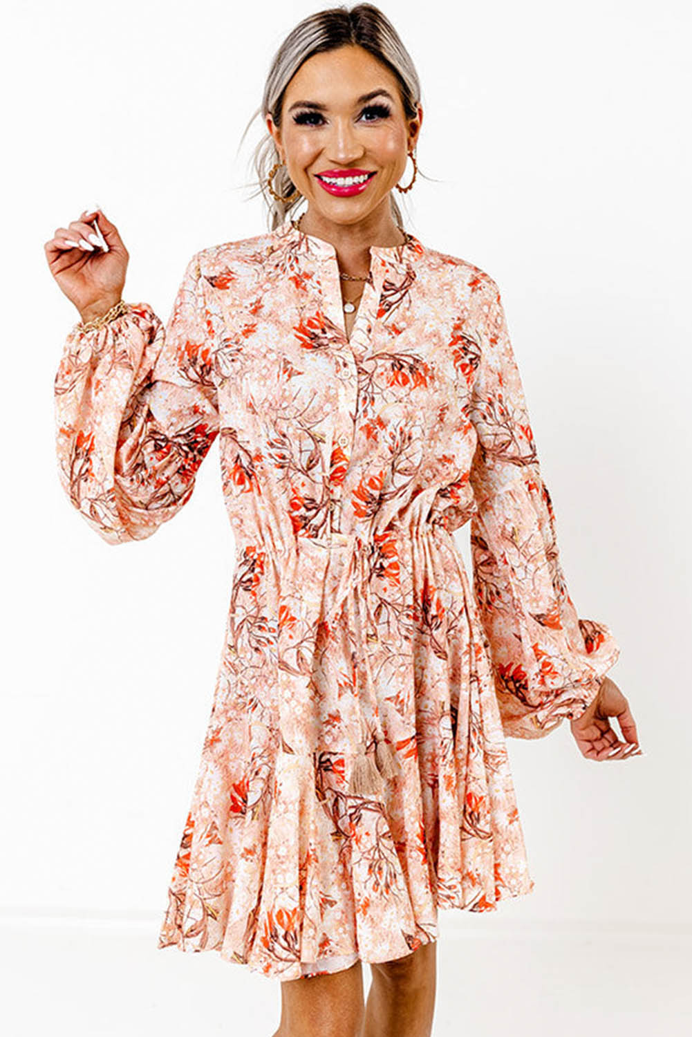 Floral Print Bubble Sleeve Cinched Waist Dress