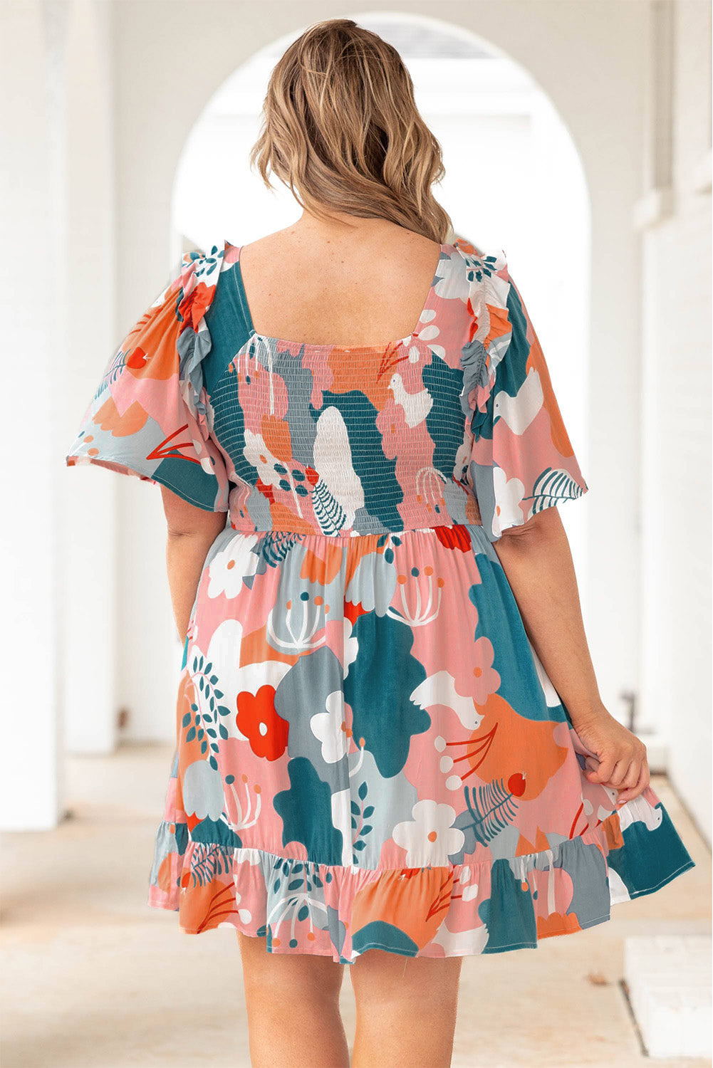 Multicolor Plus Size Shirred Mixed Print Ruffle Dress