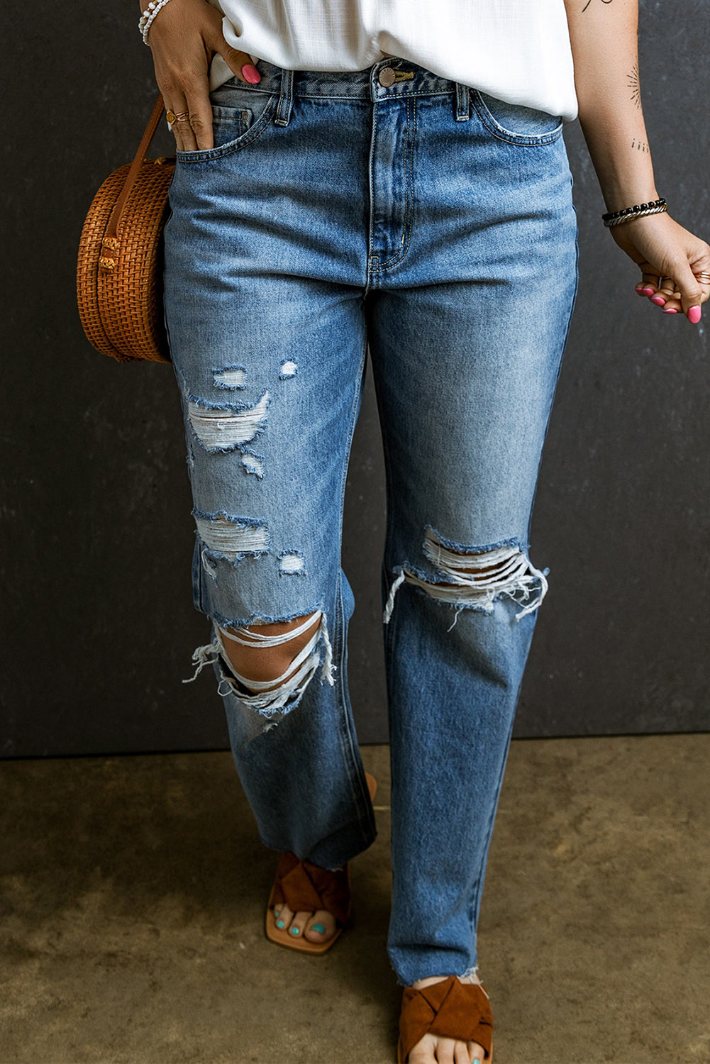 Light Blue Acid Wash Distressed Straight Leg Jeans