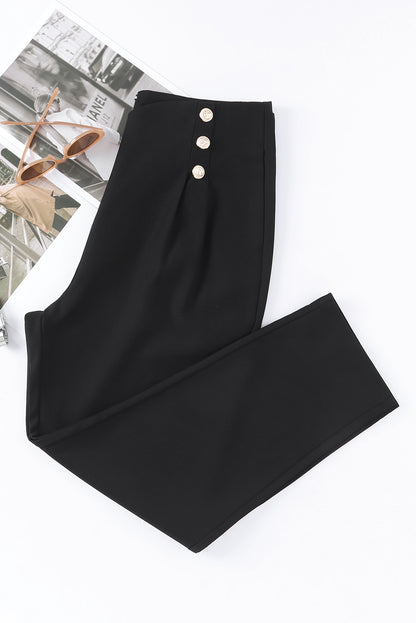 Black Double Breasted Pleated Casual Cropped Pants