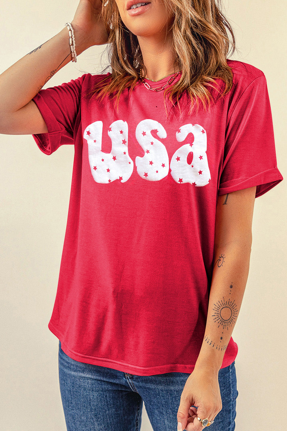 Red Casual USA Stars Graphic Round Neck Roll Up Sleeve Tee