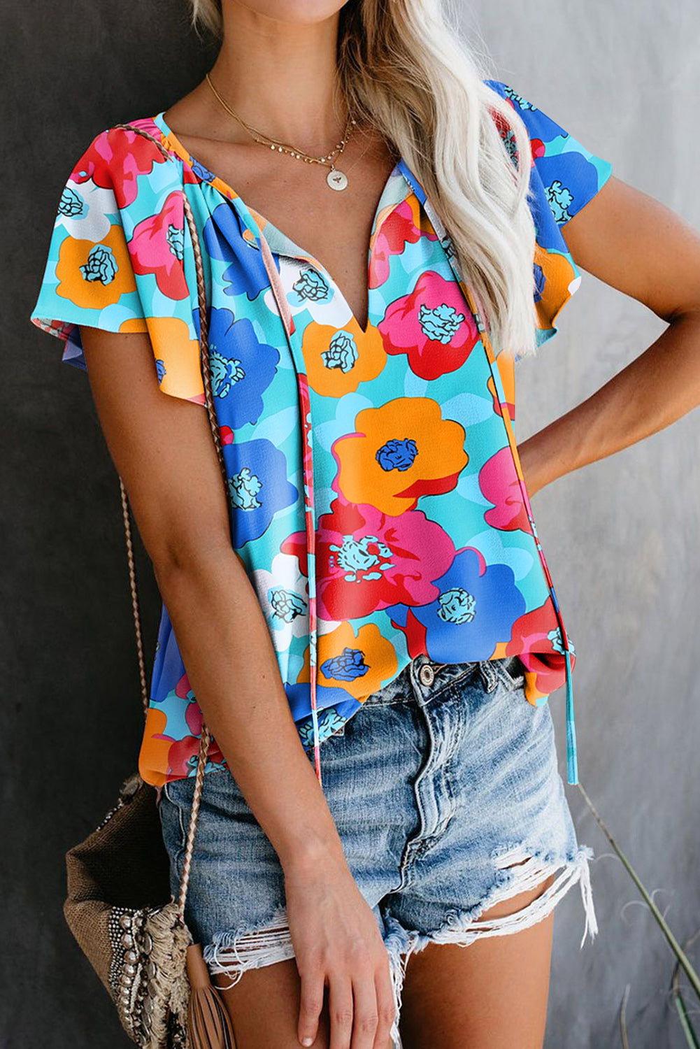 Multicolor Floral Print Casual V Neck Blouse