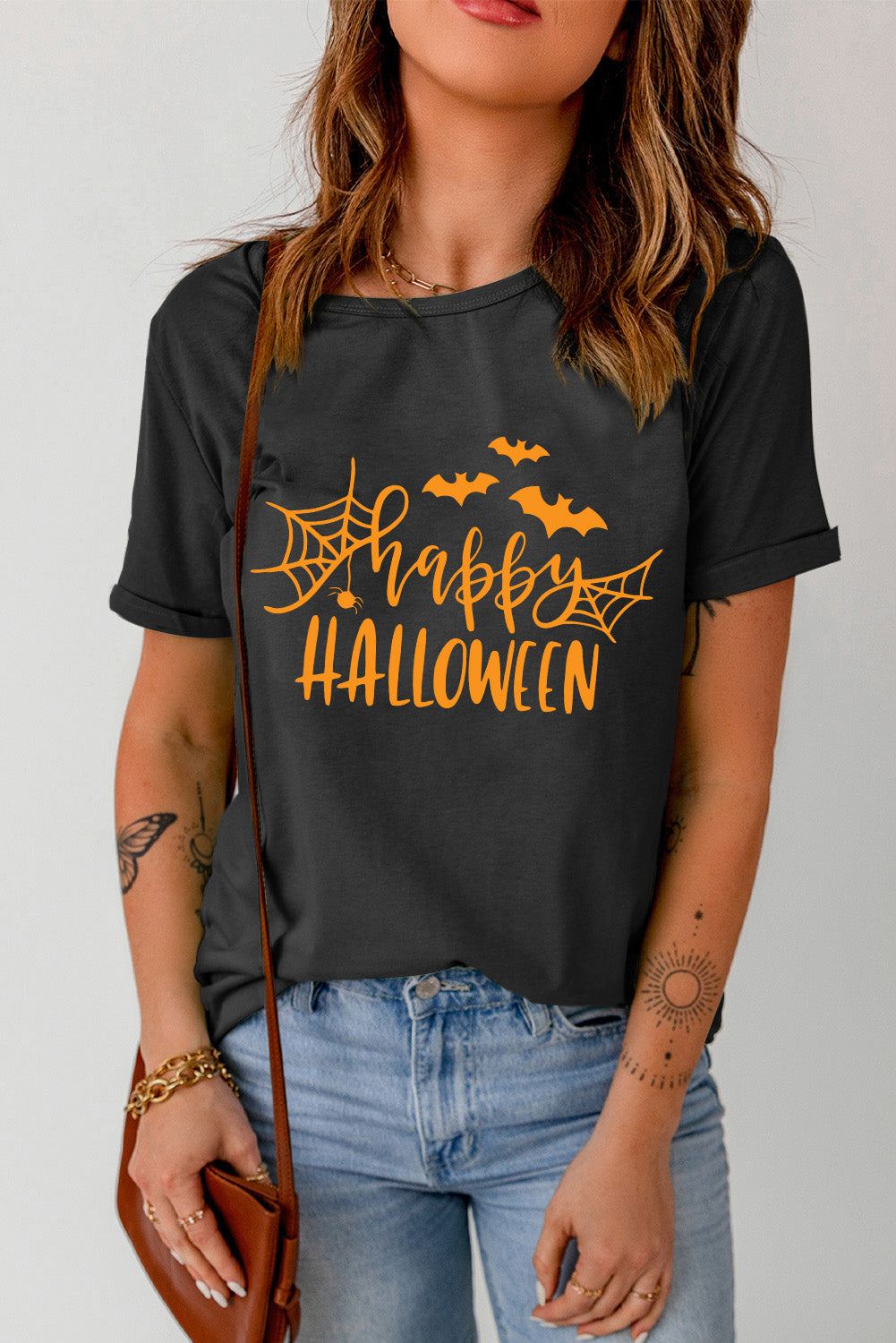 Black Happy Halloween Letter Print Graphic T-shirt