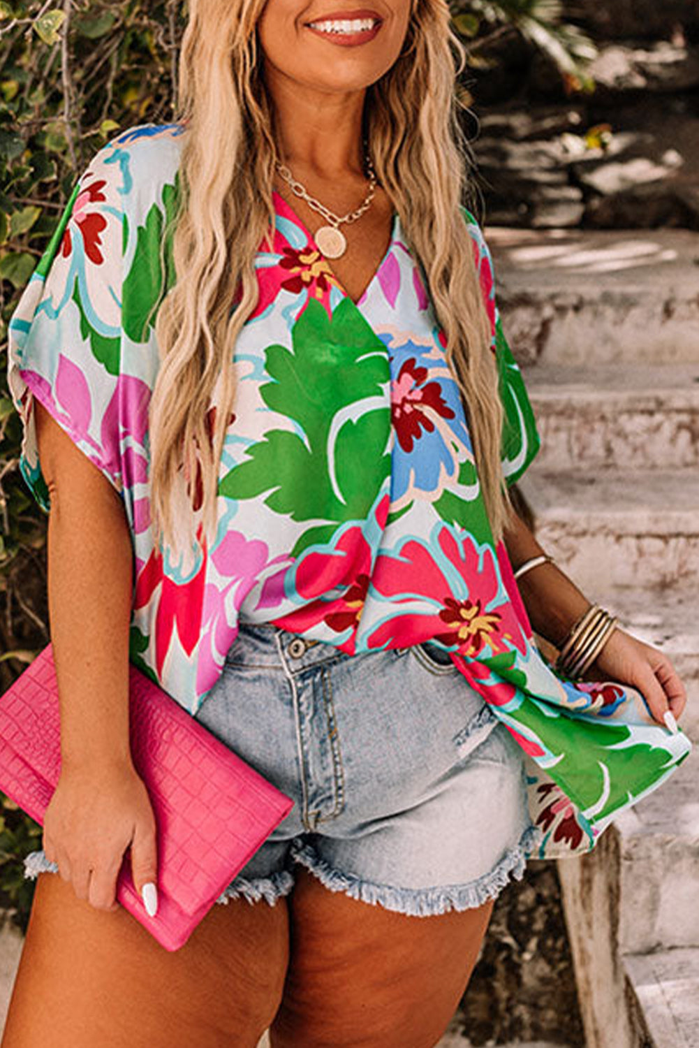 Floral Print Faux Wrap V Neck Plus Size Blouse