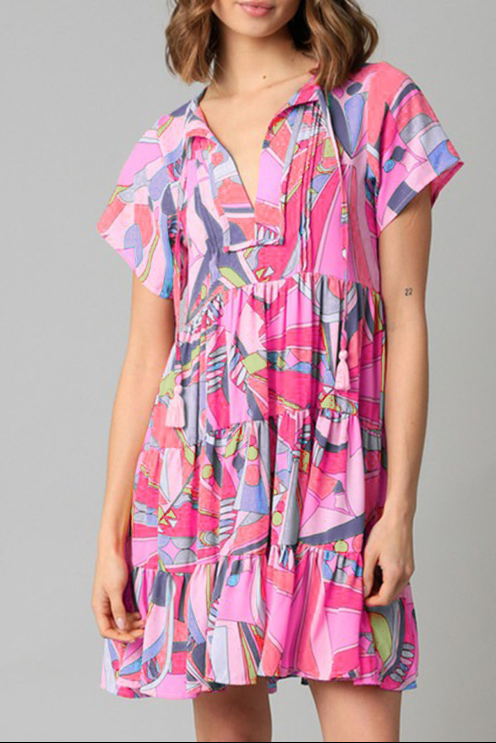 Multicolor Abstract Print Split V Neck Short Sleeve Tiered Dress